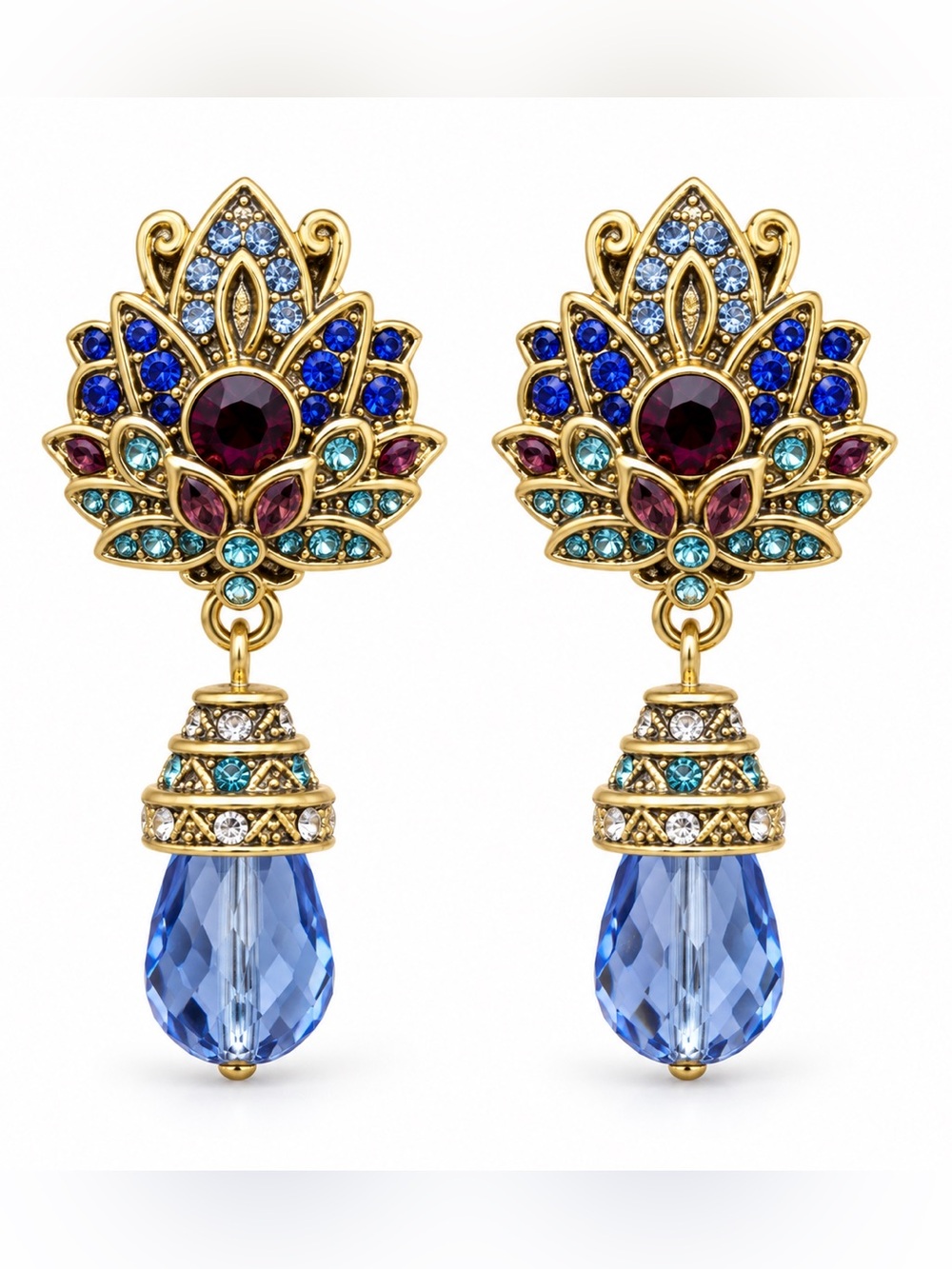 Multicolor Crystal Drop Earrings with Blue Teardrop